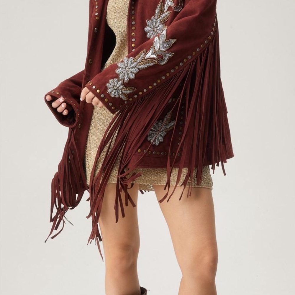 Chic Burgundy Fringe Jacket with Silver Accents